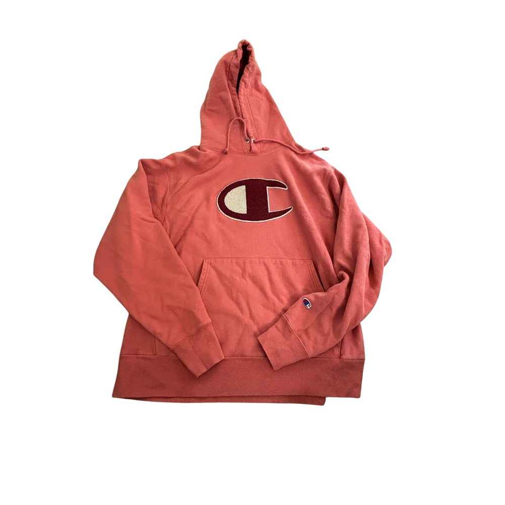 Champion Reverse Weave Hoodie Mens Large Coral Pink Chenille Big C Logo GF68